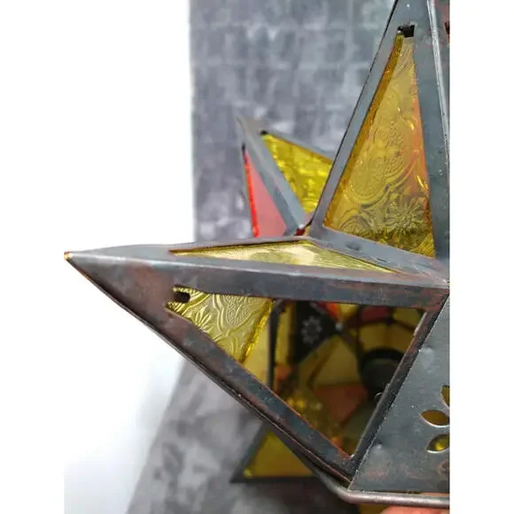 Moroccan Moravian Stained Glass 14" Star Hanging Tealight Candle Holder 2PC Set - Picture 6 of 10